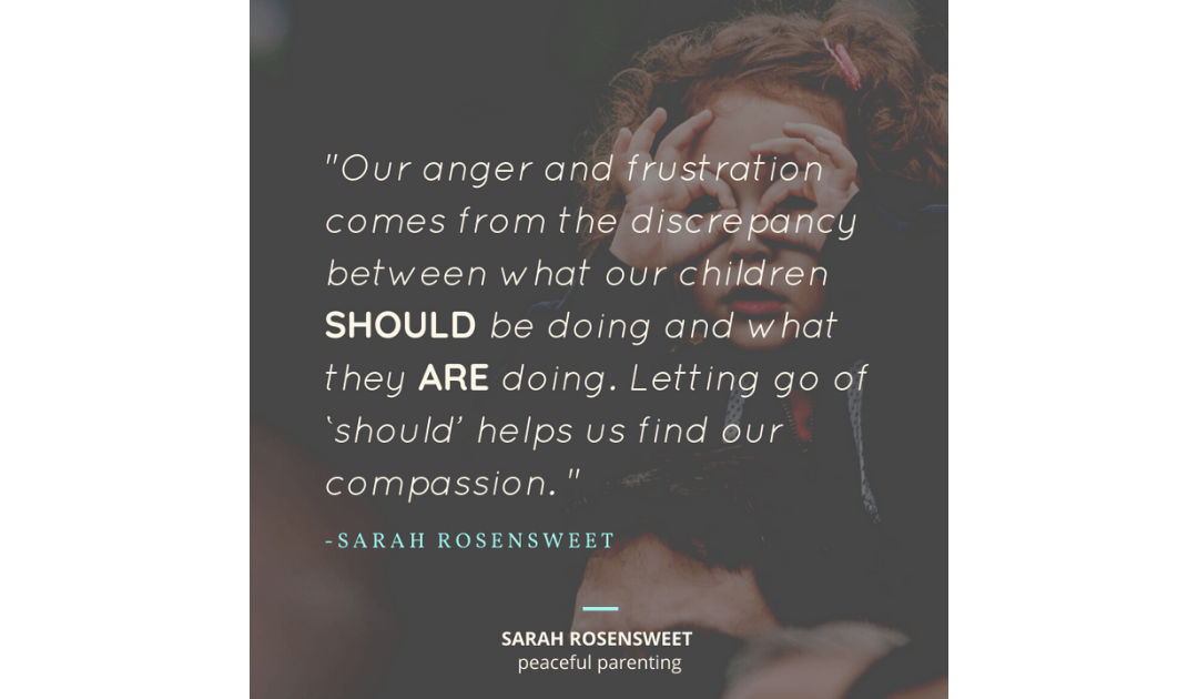 Our anger and frustration comes from the discrepancy between what our children SHOULD be doing and what they ARE doing. Letting go of 'should' helps us find our compassion Sarah Rosensweet Quote